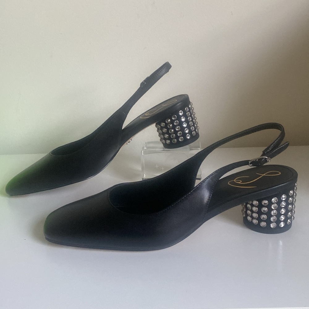 Sam Edelman Terra Gem Blk Leather Slingback Size 7 NWT Round Heel w/ Rhinestones - Picture 2 of 14